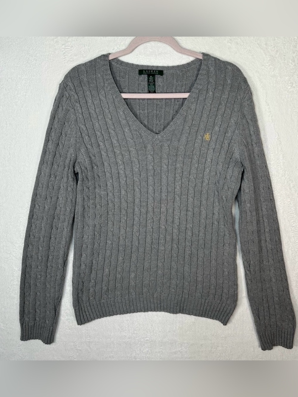 Ralph Lauren Gray Cable-Knit V-Neck Sweater with Gold Pony Logo